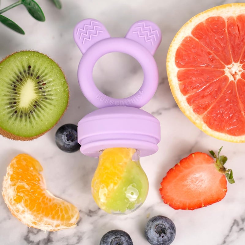 BESSENTIALS Baby Fresh Fruit Food Feeder - 2 Pack Silicone Baby Mesh Feeders for Infant Safe Self Feeding |3 Sizes Food Pouches Included| Suitable for Baby 4m+（ Purple+Misty Green） - Image 5